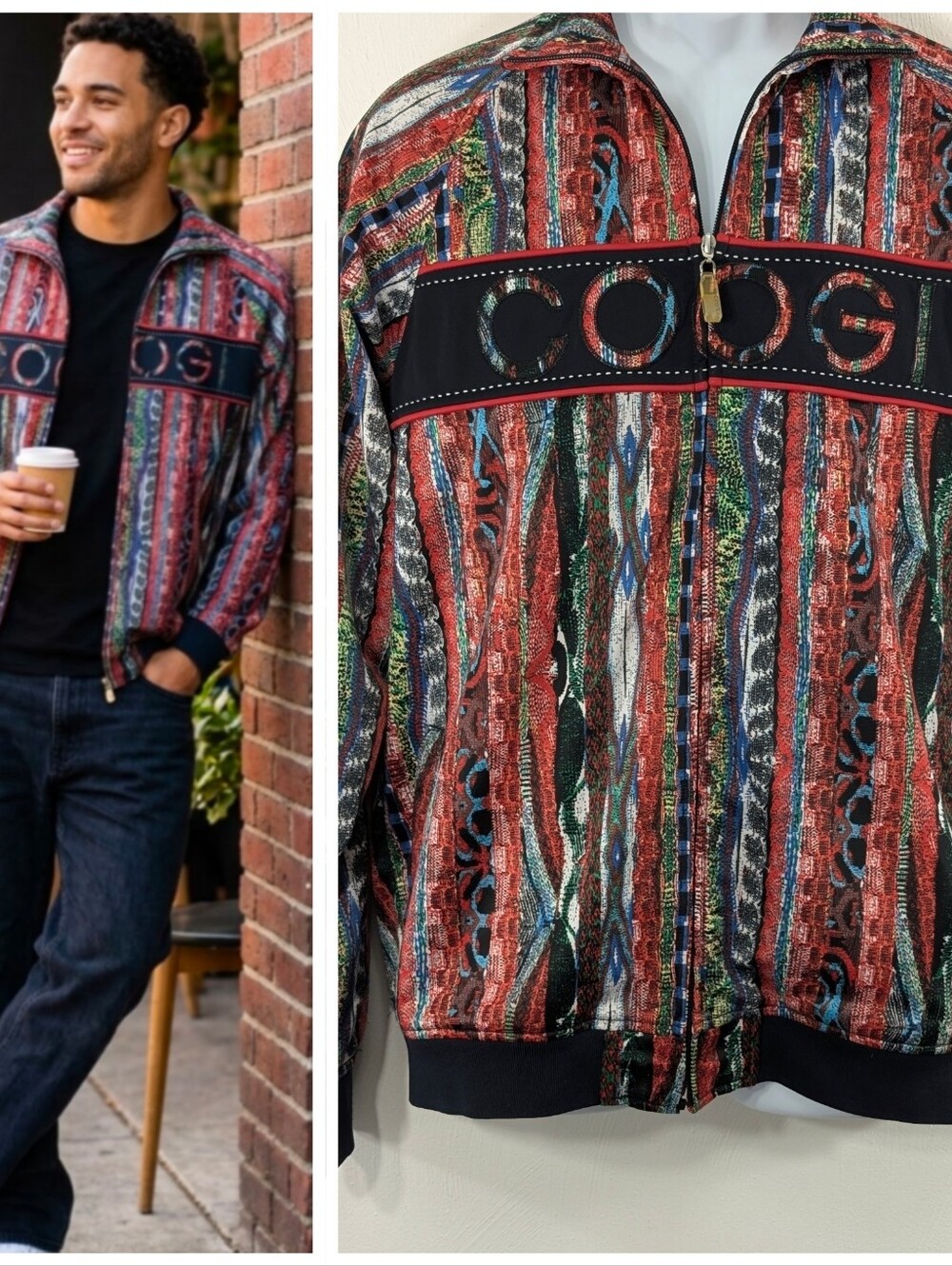 COOGI Multicolor Striped Zip Bomber Jacket with Black Logo Band